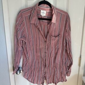 Women’s Striped Button-Up Shirt - Pink & White